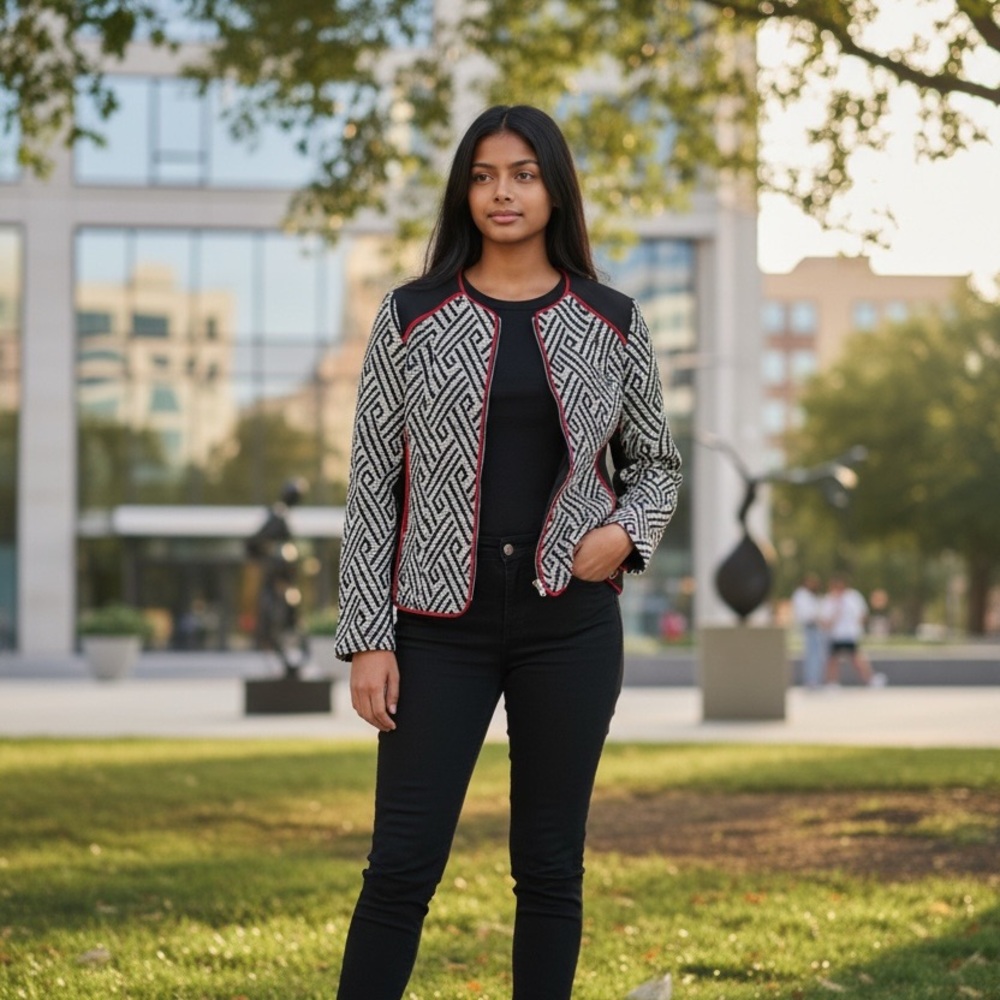 H&M Black and White Geometric Patterned Jacket/Blazer with Red Trim, Collarless